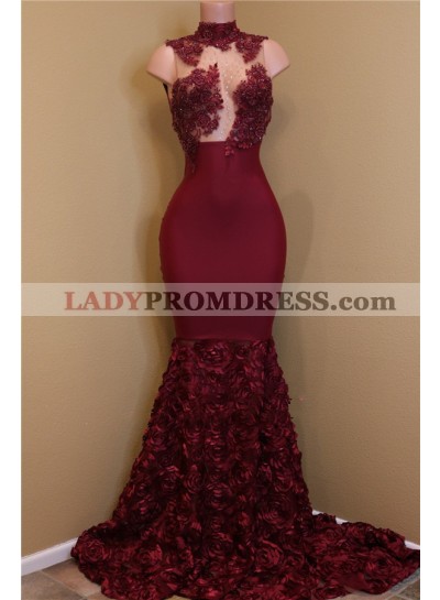 2023 New Arrival Mermaid Burgundy High Neck Rose Ruffles Sleeveless Long African American Prom Dress