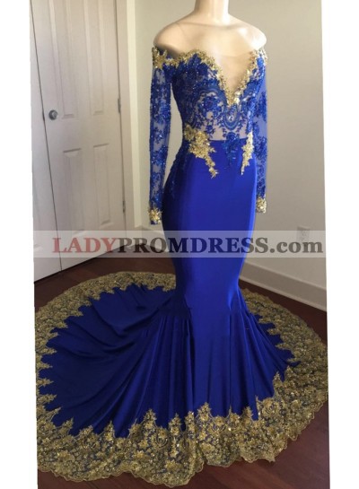 2023 Sexy Mermaid Royal Blue And Gold Appliques Long Sleeves V Neck Off Shoulder Prom Dress