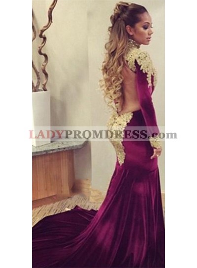 2023 Sexy Mermaid Burgundy and Gold Appliques Velvet Long Sleeves African American Long Backless Prom Dress
