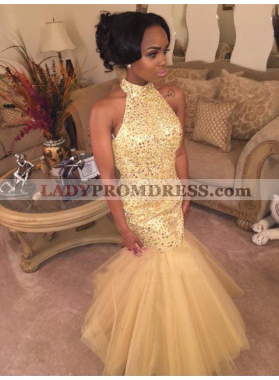 2023 Sexy Mermaid High Neck Tulle Champagne African American Backless Prom Dress