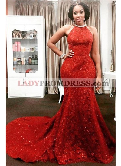 Charming Red Mermaid Lace Backless High Neck Long African American Prom Dress 2023