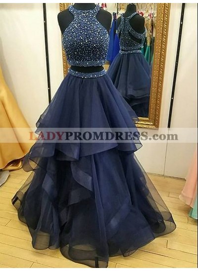 2023 Cheap A Line Ruffles Tulle Navy Blue High Neck Two Pieces Prom Dress