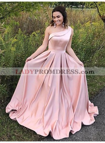 2023 Elegant A Line One Shoulder Satin Pink Long Prom Dress