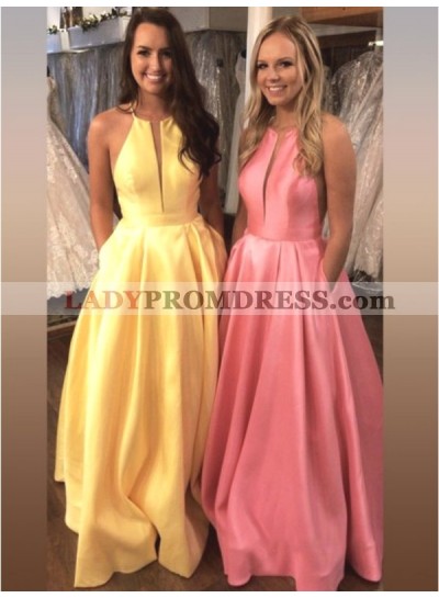 2023 Cheap Satin A Line Simple Yellow Halter V Neck Backless Prom Dress
