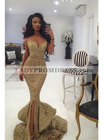 Sexy 2023 Gold Sweetheart Mermaid Side Slit Sequence Long Spaghetti Straps Prom Dress