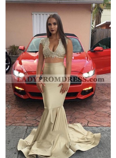 2023 Sexy Mermaid Champagne V Neck Satin Capped Sleeves Lace Two Pieces Prom Dress