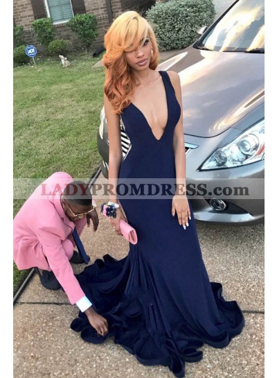 Charming Dark Navy Deep V Neck Sheath Velvet Backless Long Prom Dress 2023