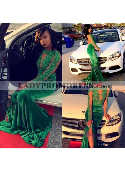 2023 New Arrival Mermaid Long Sleeves Green Backless Velvet African American Prom Dress