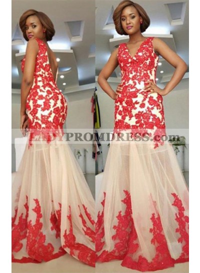 2023 Cheap Sheath Champagne and Red V Neck Tulle Backless Prom Dress
