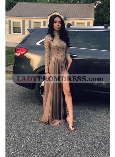 2023 Cheap Long Sleeves A Line Side Slit Brown High Neck Lace Prom Dress
