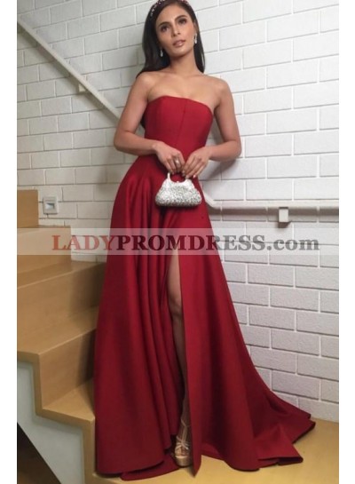 Cheap A Line Strapless Red Side Slit Satin Prom Dress 2023