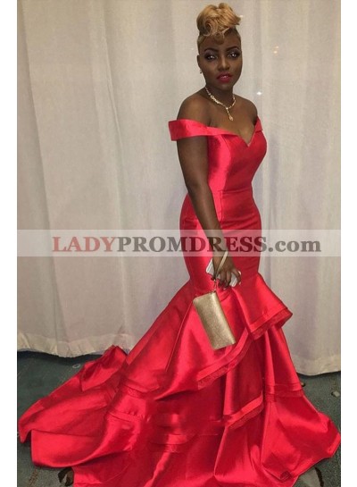 2023 Charming Red Mermaid Off Shoulder Sweetheart Ruffles Satin Pleated Prom Dress