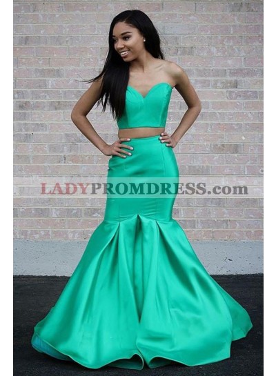 2023 New Designer Mermaid Sweetheart Satin Strapless Mint Green Two Pieces Prom Dress