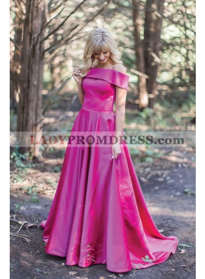 2023 Cheap Fuchsia Off Shoulder Satin A Line Long Prom Dress