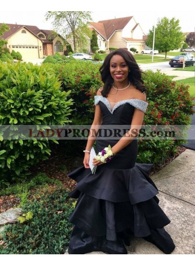 Sexy Mermaid Off Shoulder Black Sweetheart Beaded Satin Ruffles Mermaid 2023 Prom Dress