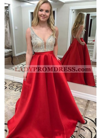2023 Elegant Satin A Line Sweetheart Beaded Red Backless Long Prom Dress