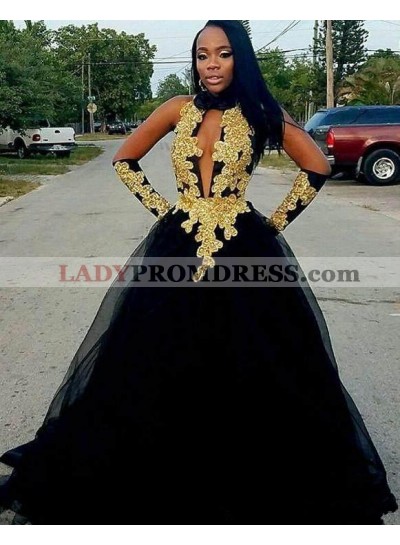 Cheap A Line Black and Gold High Neck Tulle Key Hole Backless African American Prom Dress 2023
