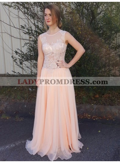 Cheap A Line Chiffon See Through Peach Lace Prom Dress 2023