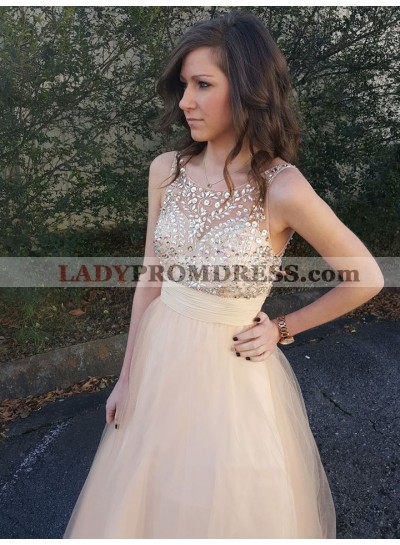 2023 A Line Cheap Tulle Peach Beaded Backless Long Prom Dress