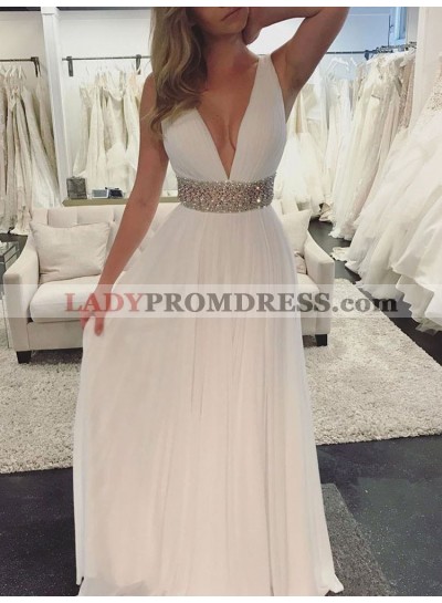 Cheap A Line White Deep V Neck Chiffon Backless Beaded Sash Prom Dress 2023