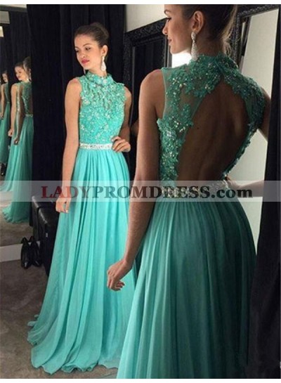 2023 Cheap A Line Turquoise Chiffon Backless High Neck Beaded Prom Dress