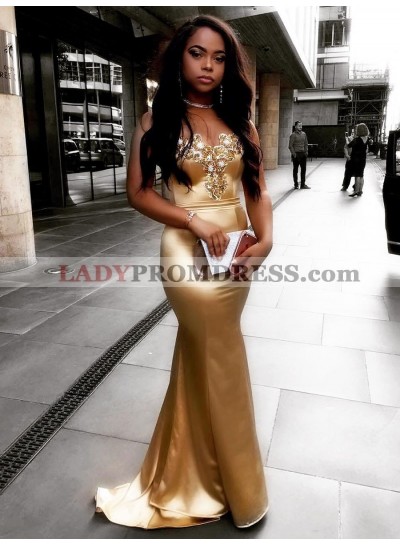 Sexy Mermaid Elastic Satin Gold Sweetheart Zipper Back Long Prom Dress 2023