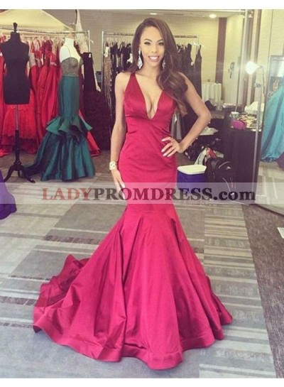 2023 Sexy Mermaid Red Satin V Neck Backless Long Cheap Prom Dress
