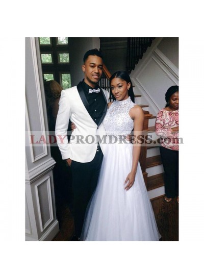 2023 Cheap A Line White High Neck Backless Tulle Beaded Prom Dress