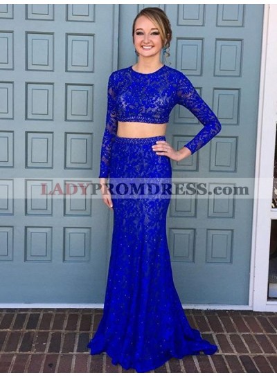 2023 Elegant Royal Blue Sheath Long Sleeves Lace Two Pieces Prom Dress