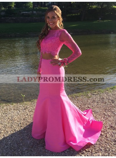 Amazing Mermaid Long Sleeve Satin Lace Two Pieces Long Pink Prom Dress 2023