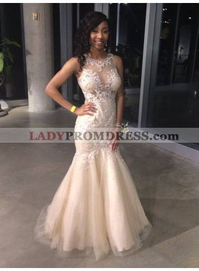 Sexy Mermaid Pearl Pink Tulle Scoop Long Prom Dress With Appliques 2023