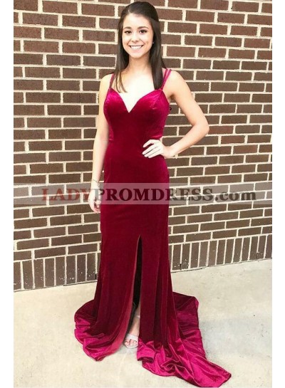 2023 Sheath Sweetheart Burgundy Velvet Side Slit Prom Dress