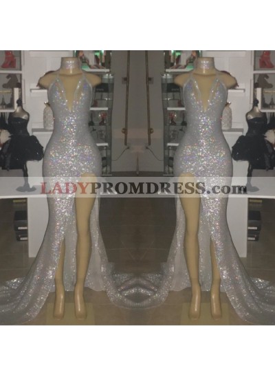 2023 Sexy Silver Halter V-neck Side Split Sequins Prom Dresses