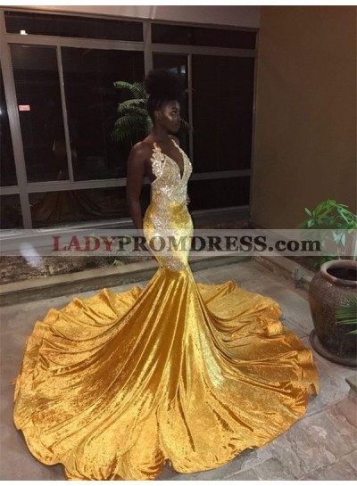 2023 Yellow Halter Backless Mermaid Beads Sweep Train V-neck Prom Dresses