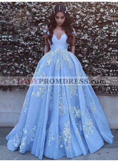 2023 A Line off Shoulder V Neck Bodice Applique Prom Dresses / Ball Gown