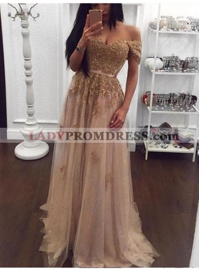 2023 Off shoulder Sweetheart Beads Tulle A-Line Sexy Prom Dresses