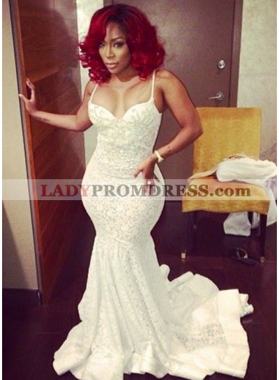 2023 Ivory White Spaghetti Strap Sleeveless Bodice Mermaid Prom Dresses