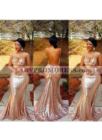 2023 Gold Low Cut Spaghetti Strap Backless Sequined Prom Dresses