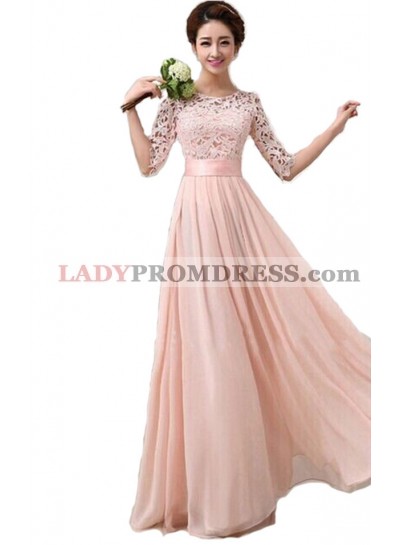 Pearl Pink Scoop Neck Half Sleeve Chiffon A Line Bridesmaid Gowns / Dresses
