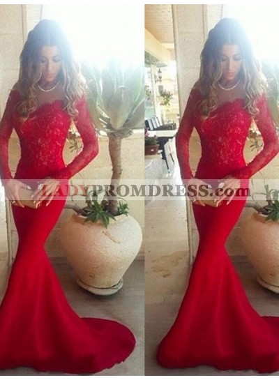 Off Shoulder Lace Long Sleeve Mesh Mermaid Red Prom Dress