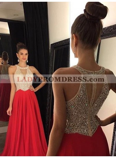 Sleeveless Round Neck Beading Pleated A Line Jewel Shining Prom Dress