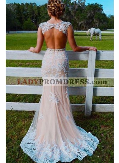 Sweetheart Sheer Lace Mermaid Backless Beaded Sash Tulle Floor Length Prom Dress