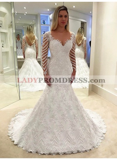Backless Mermaid White Beaded Applique Chapel Train Lace Wedding Dresses