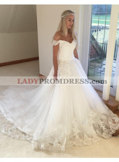 Off Shoulder White Lace Cathedral Train Applique Sweetheart Wedding Dresses
