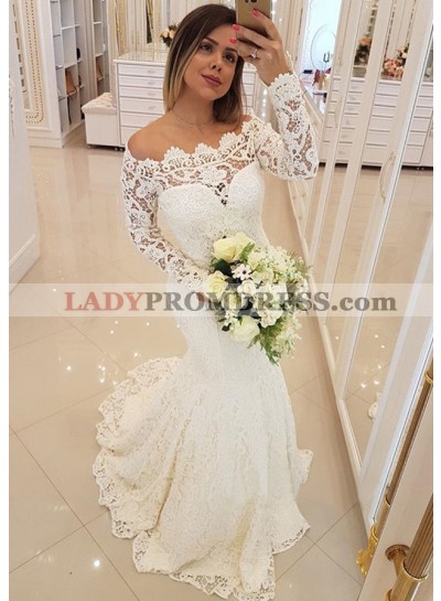 Lace Long Sleeve Beige Sweetheart Mermaid Off Shoulder Wedding Dresses