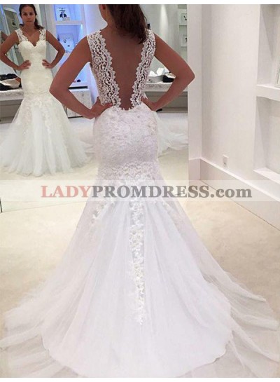 Backless Sexy Mermaid Sheer Straps Applique Tulle Layered Wedding Dresses