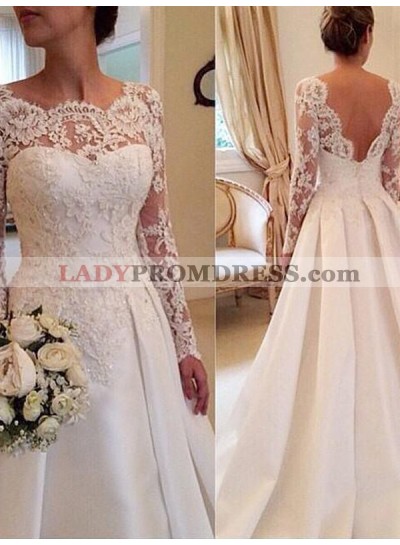 Sheer Long Sleeve Lace Backless Sweetheart Pleated White Wedding Dresses