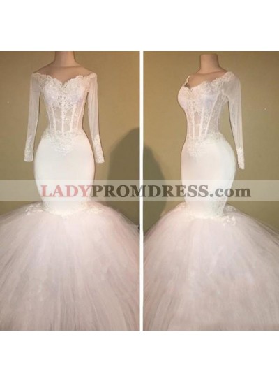 Long Sleeve White Off Shoulder Mermaid Droped Tulle Applique Wedding Dresses
