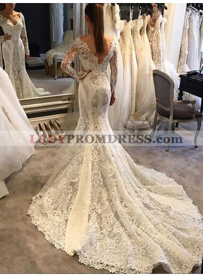 V Neck Long Sleeve Backless Lace Royal Train Applique Mermaid Wedding Dresses