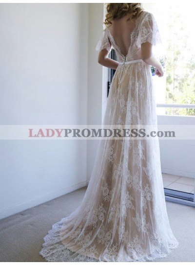 Modest Short Sleeve Champagne V Neck Backless Applique Lace Wedding Dresses